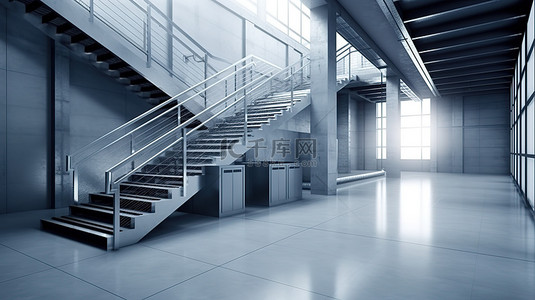 干净玻璃背景图片_工业别致干净现代的内饰，工厂大楼内有 3D 大厅和楼梯