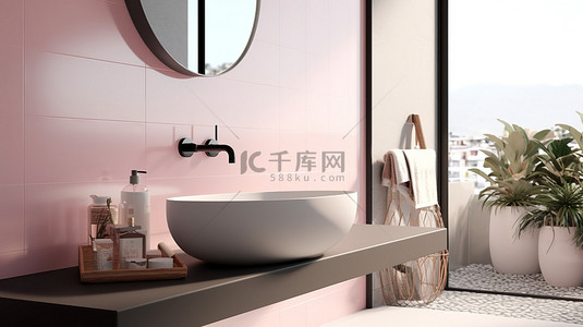 斯堪的纳维亚风格浴室的 3D 渲染，配有粉红色瓷砖墙大镜子和灰色洗脸盆