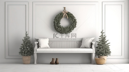 3D 室内模型中，农舍风格的圣诞入口乡村质朴的长凳靠在白墙上