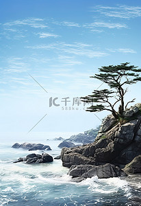 岩石海滩和波浪与一棵孤独的树