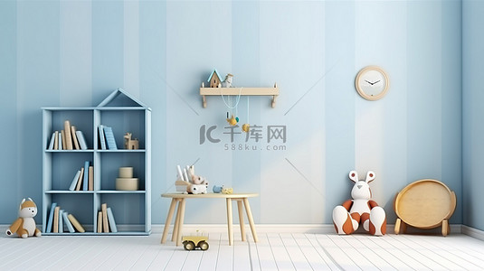 儿童房背景图片_儿童房蓝色墙壁模型的 3D 渲染