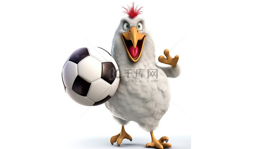 滑稽的 3d 鸡，带有标志和足球