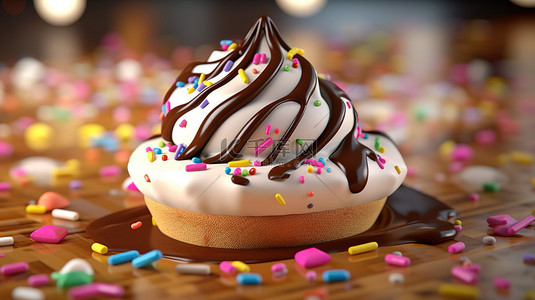 威化手绘背景图片_融化的巧克力和香草冰淇淋与威化饼洒 3D 模型和插图