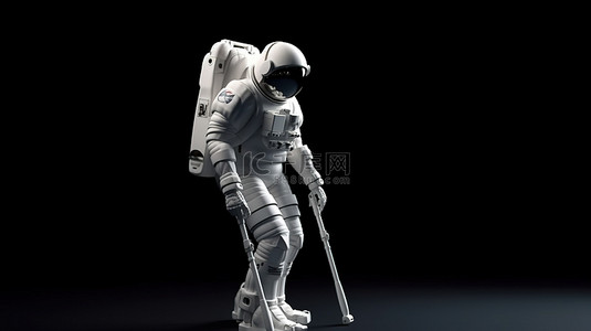 宇航员因残疾使用拐杖行走的 3d 插图设计