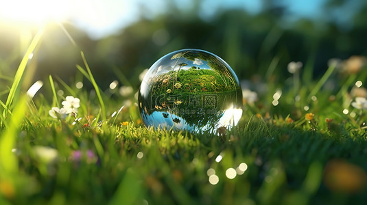 节能背景背景图片_水晶球描绘地球的特写视图，并在绿色田野 3D 渲染上反射光