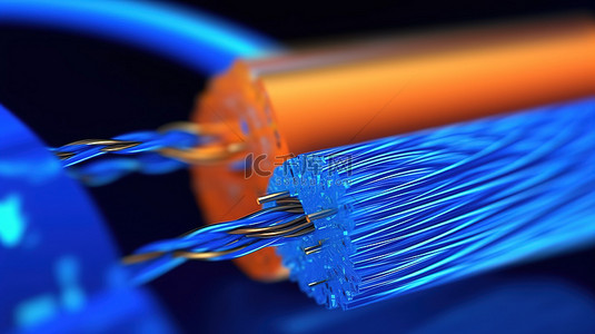 蓝色背景下橙色光纤电缆的 3d 渲染