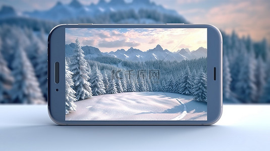 手机屏幕上冬季仙境景观作为旅游目的地的 3D 渲染