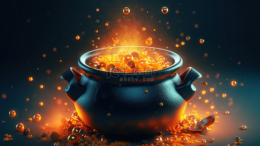 渲染了在火上的圆点大锅中烹饪加密货币的 3D 插图