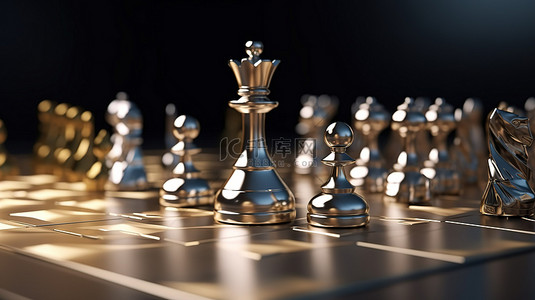 3D 棋盘插图上的富豪金王被银棋子包围