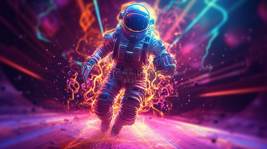 Retrowave 宇航员在闪烁的霓虹灯和音乐 3D 插图中奔跑