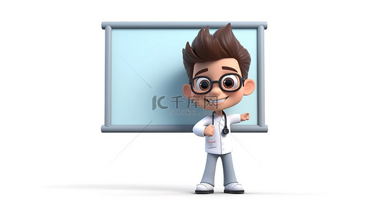 可爱的卡通医生使用3D渲染显示大屏平板电脑进行文本输入