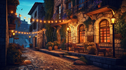 童话城背景图片_迷人的中世纪小镇夏天的夜晚充满童话般的魔法和发光的窗户 3D 插图