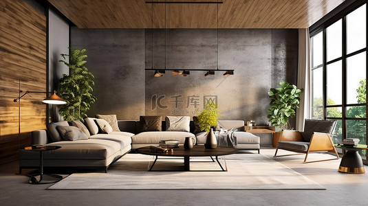 地板背景图片_现代阁楼客厅采用 3D 设计，配有抛光混凝土地板和木质墙板
