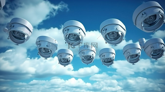八个安全摄像头的高空监控 3D 渲染