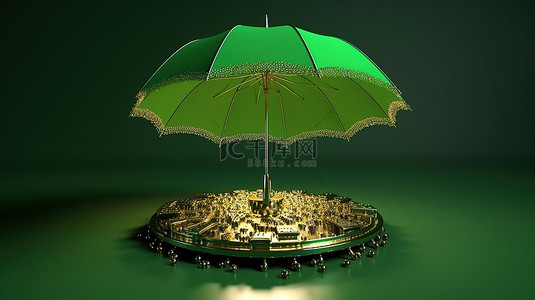 丰富的财富加密雨在 3d 渲染伞下的 vertcoin 上
