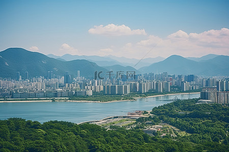 水桥城市背景图片_有水的首尔城市山城市和水