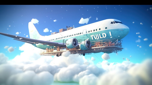世界旅行旅行背景图片_飞机在 3d 渲染中拼写出天​​空中的“旅行”，代表暑假和世界旅行