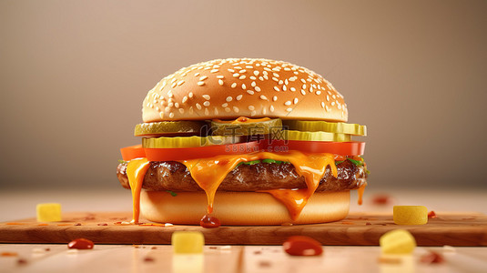 3D 插图中的美味快餐汉堡