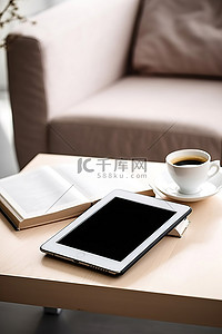 电脑背景图片_咖啡桌上放着一台平板电脑和咖啡，上面放着一本书