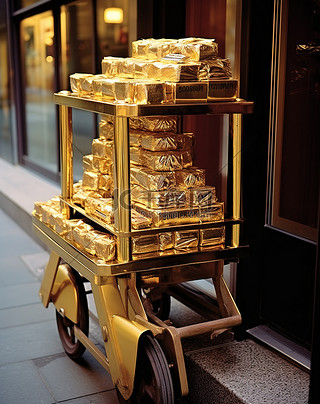 金色的金条放在酒店外的推车上