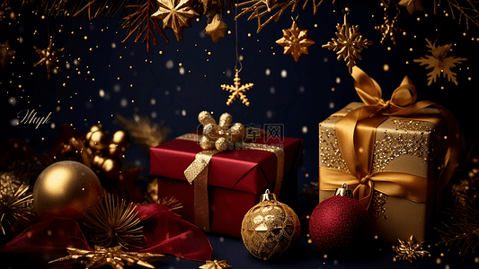 立体剪纸礼物背景图片_圣诞节唯美冬季金色礼品盒雪花