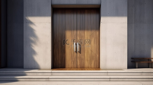 宏伟的入口是一栋带有醒目的木门的现代混凝土建筑的 3D 渲染图