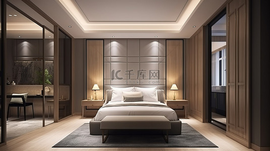 酒店套房配有现代豪华的 3D 渲染卧室和工作区
