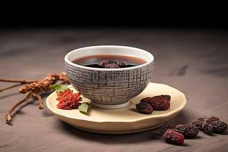覆盆子背景图片_一个杯子，旁边有茶和干覆盆子
