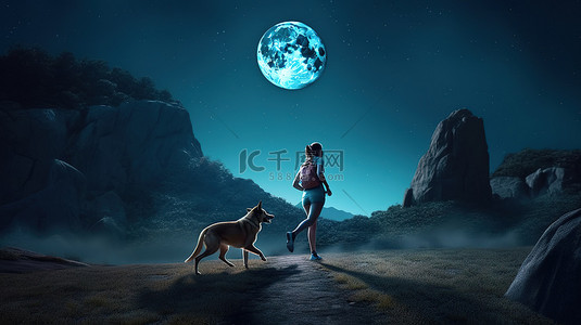 月光下慢跑 3D 女人和她的犬类伴侣享受晚间跑步