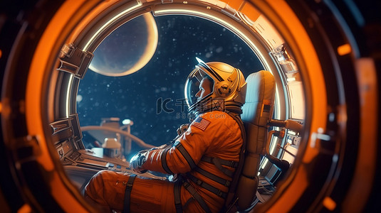 太空飞船未来探险中的孤独宇航员 3D 插图