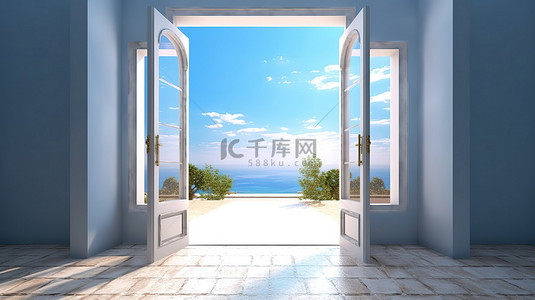 通过敞开的门 3D 渲染图像可以看到风景秀丽的蓝天