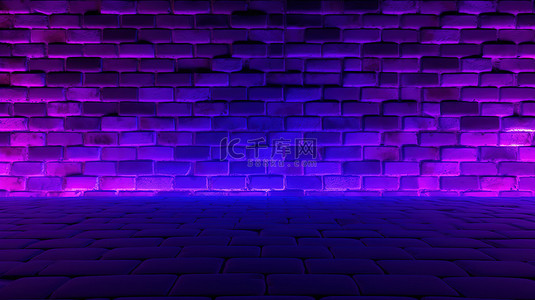 紫色霓虹灯 3d 渲染在脏砖墙背景上