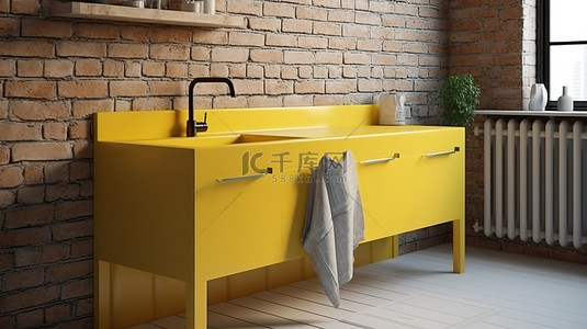 带阁楼墙的洗衣房配有黄色 3D 渲染水槽