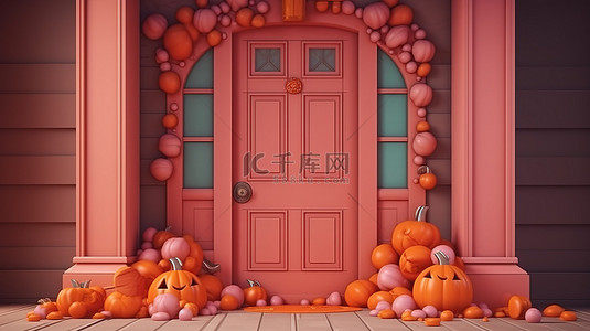 万鬼节背景图片_卡通风格的门和糖果的 3d 渲染，用于万圣节捣蛋或在背景上治疗