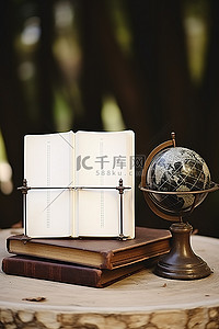 书背景图片_木桌上放着两本木书，上面有一个地球仪和一棵橄榄树，中间绑着一根树枝