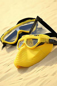 浮背景图片_沙滩上的一组黄色浮潜装备