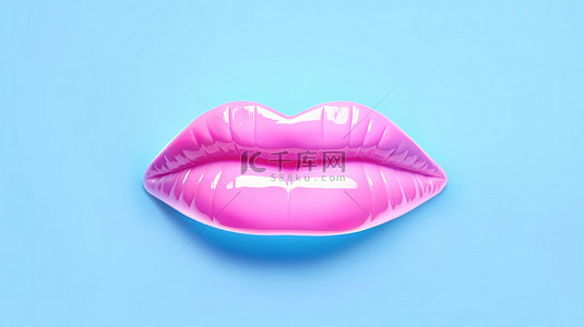 蓝色背景 3D 渲染上粉色唇膏双色调风格的亲吻准备嘴唇