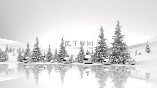 白色森林的 3D 渲染，有银色圣诞树，非常适合假期