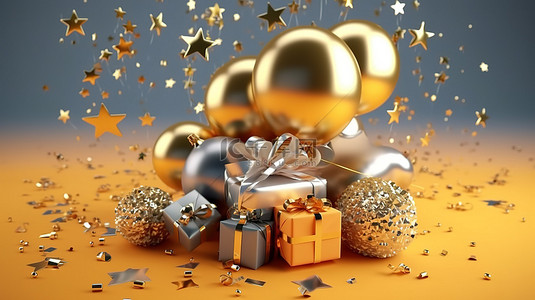 节日设计的 3D 渲染，包括金色气球五彩纸屑和饼干中的明星礼物