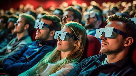 一群戴着 3D 眼镜的年轻伙伴兴奋地在电影院享受轻松的时光，观看激动人心的动作片
