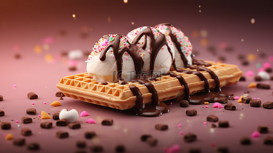 美味的混合融化的巧克力和香草冰淇淋，在威化饼顶部撒上糖粉，以 3D 模型和插图形式呈现