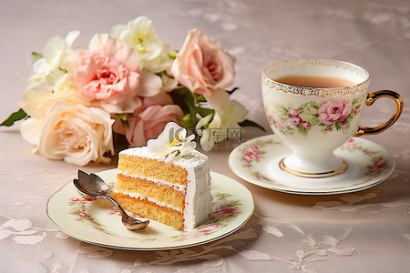 茶杯旁边放着一片鲜花蛋糕