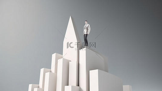 企业专业人士站在象征业务增长发展的白色箭头上的 3D 渲染