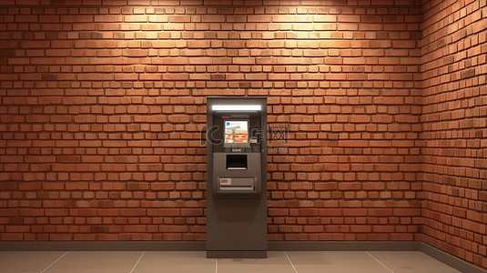 银行柜员背景图片_3D 渲染的 ATM 机，背景为银行砖墙