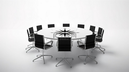 圆桌上放置指南针的 3D 渲染，圆桌上有一把空椅子，用于白色背景下的解雇