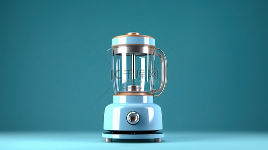 蓝色背景下电动搅拌机的当代厨房伴侣 3D 渲染
