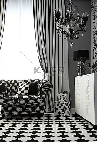 家具背景图片_一间配有黑白家具白色窗帘和地毯的房间