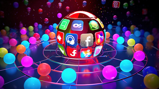3D 渲染计算机被一圈光照亮，周围是充满活力的社交媒体图标和蓝色背景上有趣的球体