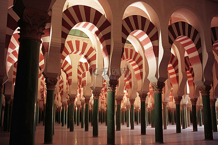 一座带有拱形柱的大型清真寺的照片