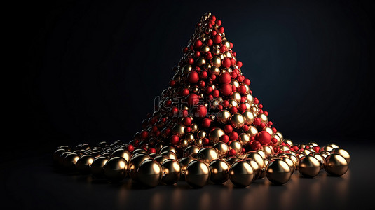 现代奢华的圣诞树，闪闪发光的金色装饰和 3D 渲染中的猩红色装饰品